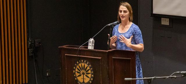 Montana Representative Zooey Zephyr standing at a podium speaking