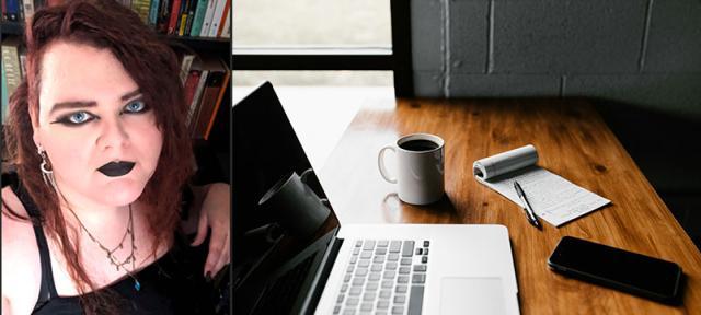 Caoimhe Harlock and a writing desk with laptop 