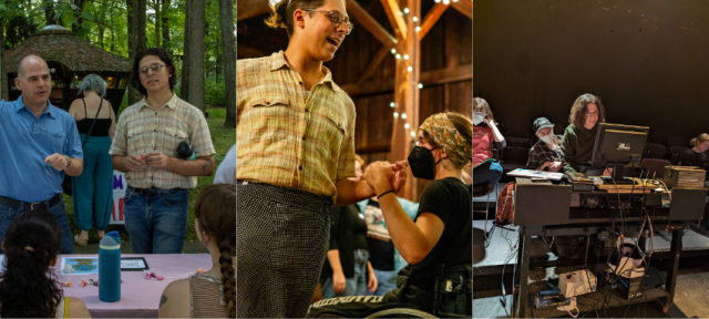 A collage of three images featuring Isaac Rubin F22 engaged in various activities. Left: Isaac stands at an outdoor table display, wearing a striped shirt and glasses, speaking with another person while surrounded by trees. Middle: Inside a warmly lit barn with string lights, Isaac smiles and holds hands with another person seated in a wheelchair during a dance or social event. Right: Isaac sits at a tech booth in a darkened theater, operating sound and lighting equipment with focus, surrounded by cables an