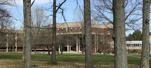 Center of campus seen through trees