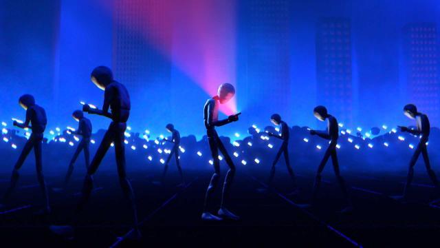 A digital or animated scene depicts stylized humanoid figures walking in a dark, futuristic environment, each hunched over a glowing smartphone. 