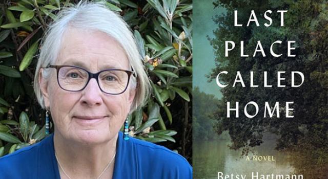 Betsy Hartmann and the cover of her book, Last Place Called Home