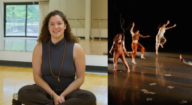 On the left: Yarrow sits cross-legged on the dance studio floor wearing a grey tank top. On the right: A still from Yarrow's dance performance, "This Medicine is Good."