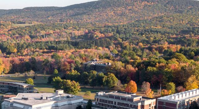 Aerial view of center of campus in autumn