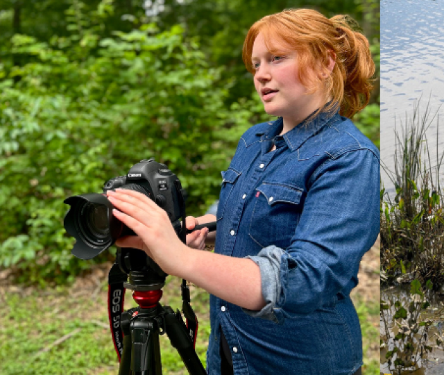 Left: Elizabeth Green holding a large camera. Right: A still from the doc "Reviving the Forgotten River"