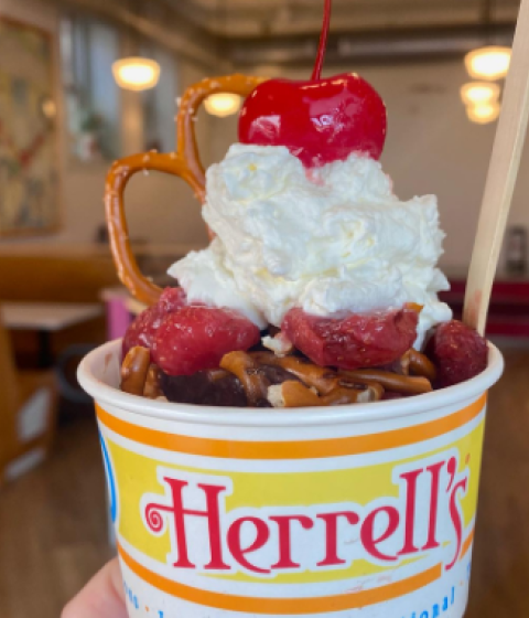 On the left is an ice cream in a cup with the Herrell's logo. On the right is the new logo for their Amherst location.