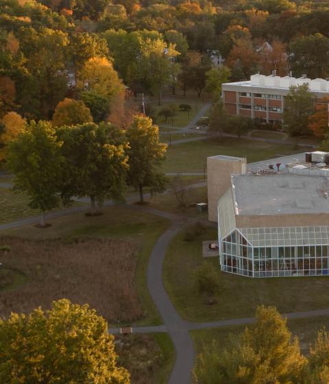 Aerial view of center of campus in autumn