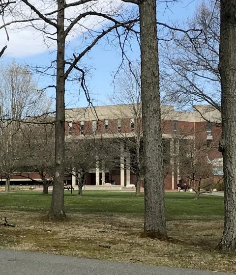 Center of campus seen through trees